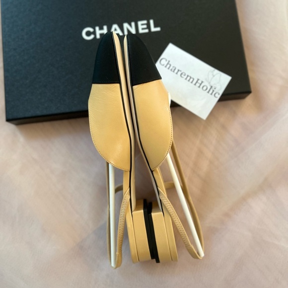 New! CHANEL 🤎 Classic Goatskin Beige / Black Slingback low Heels Shoes sz 37.5 - Picture 3 of 4